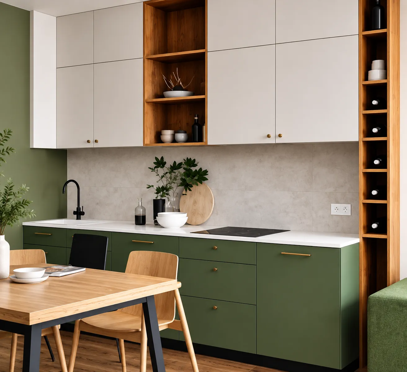 Green and wood-toned multiwood kitchen cabinetry